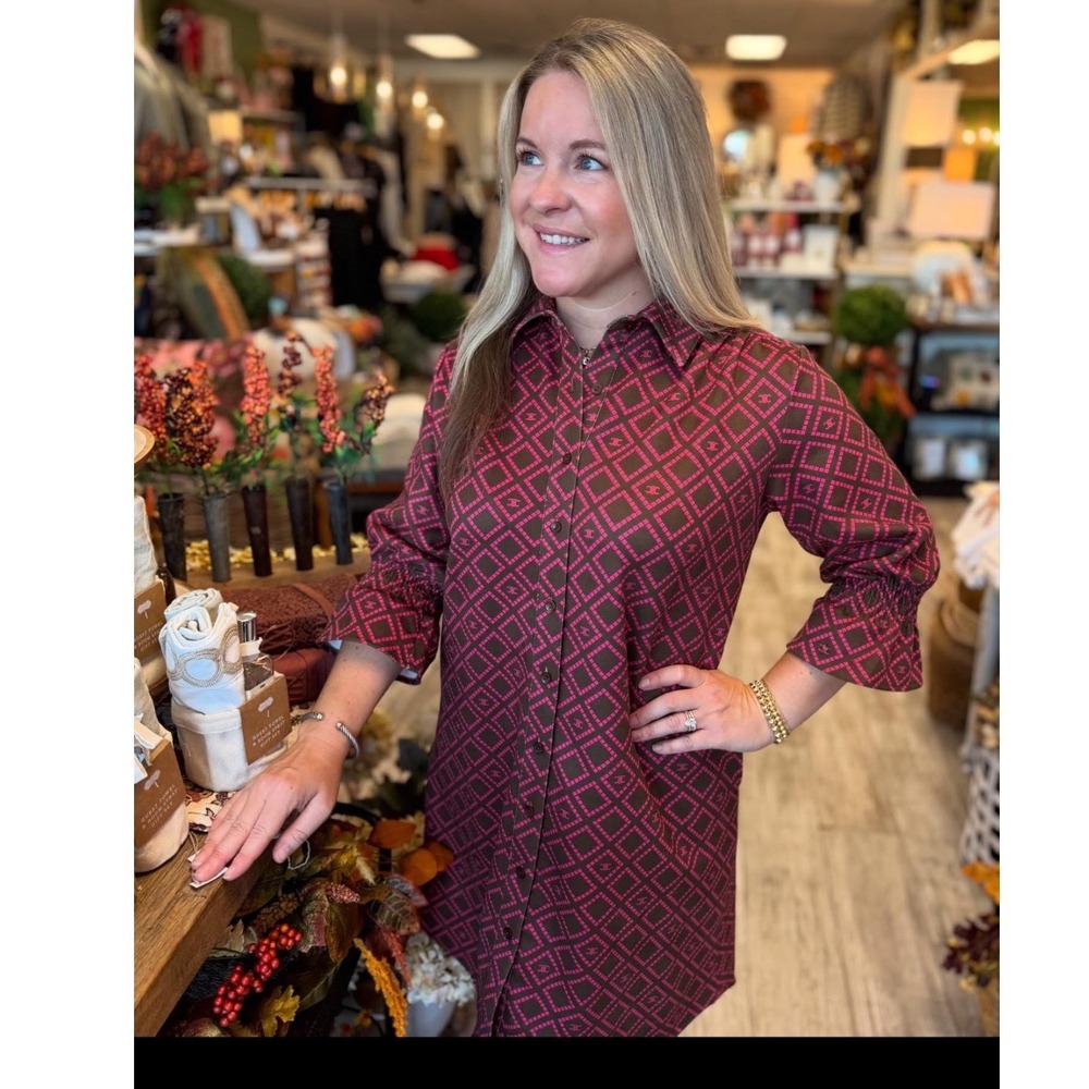 Boho Chic Women Pink Brown Geometric Diamond Print Button Front Shirt Dress M